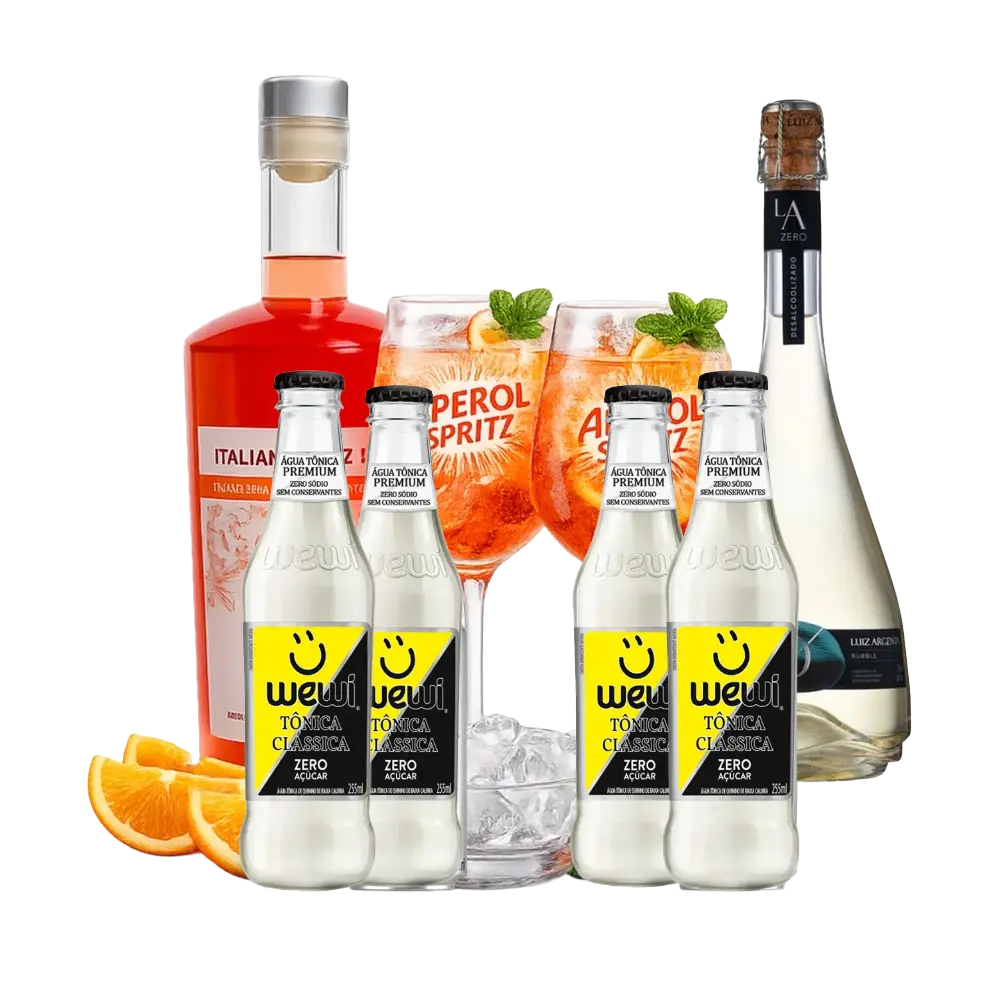 kit drink aperol spritz, com 4 garrafas de agua tonica wewi sem acucar, 1 garrafa de aperitivo italian spritz miden, 1 grrafa de espumante sem alcool luiz argenta
