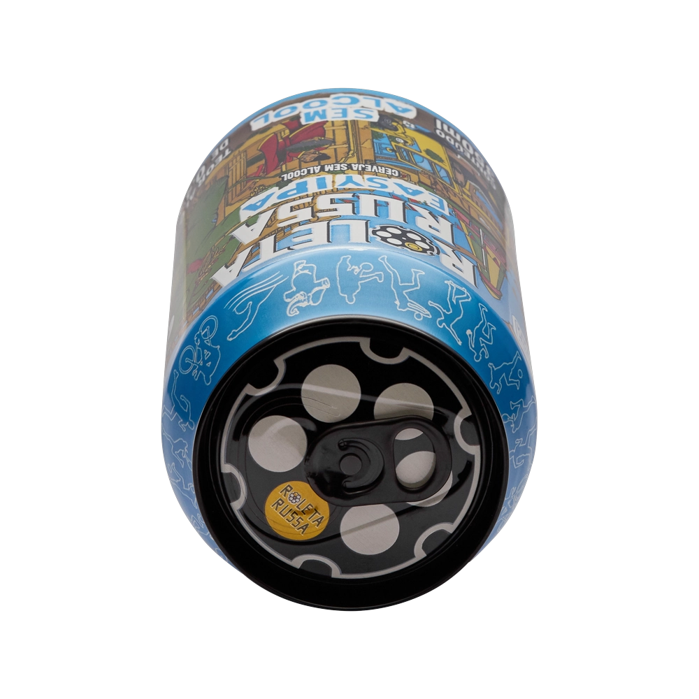 lata da cerveja sem alcool roleta russa easy ipa vista do topo com destaque para o desenho do tambor