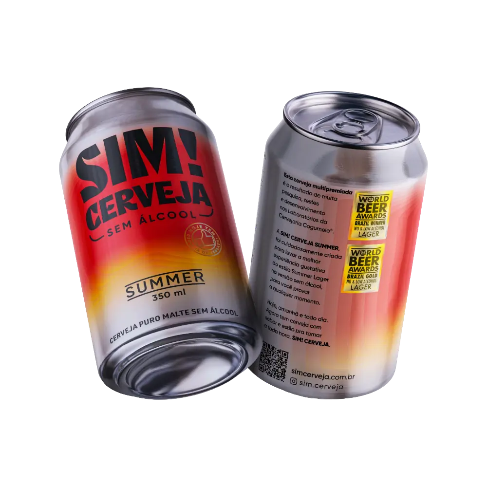 cerveja sem alcool summer lager sim, duas latas inclinadas