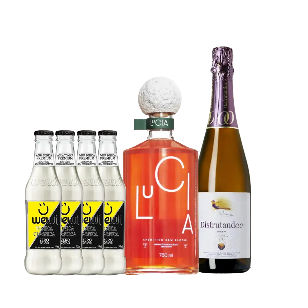 kit para fazer drink estilo aperol spritz em casa, com aperitivo lucia, espumante disfrutando verdejo e agua tonica wewi classica