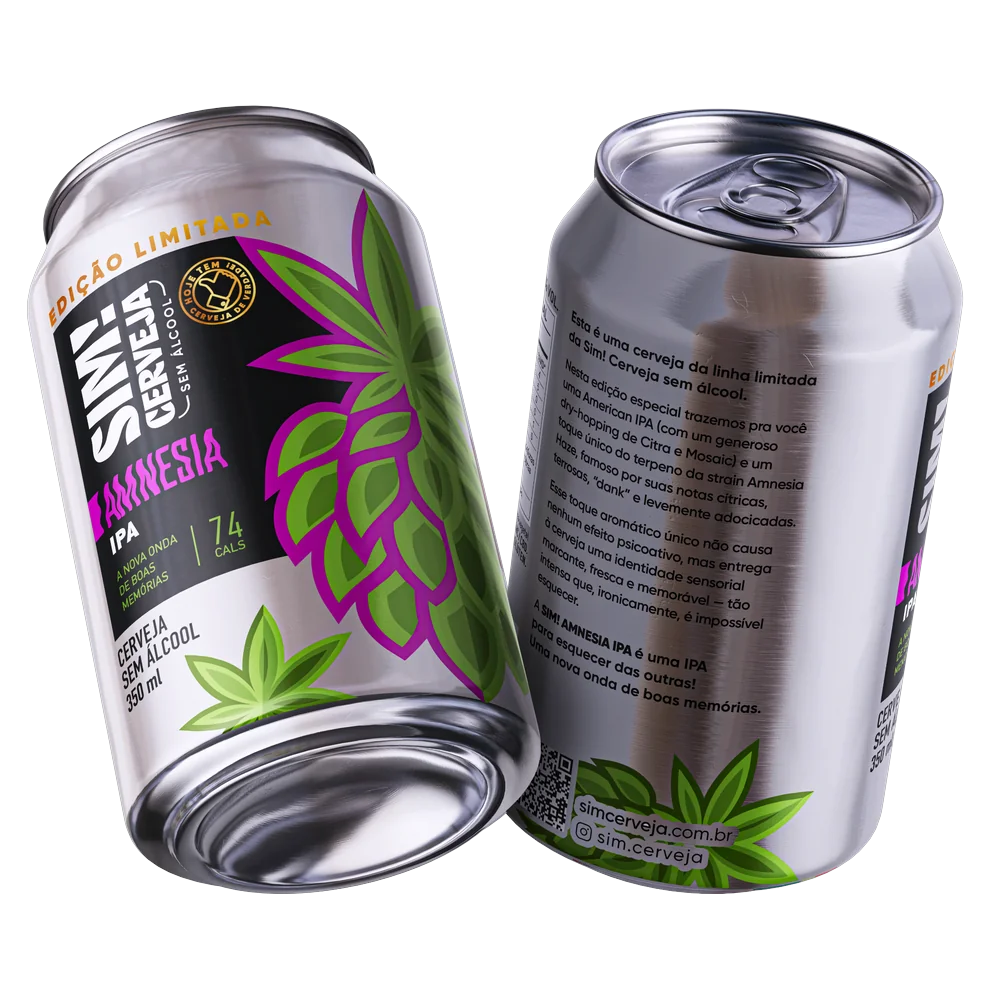duas latas de cerveja sem alcool ipa amnesia da marca sim