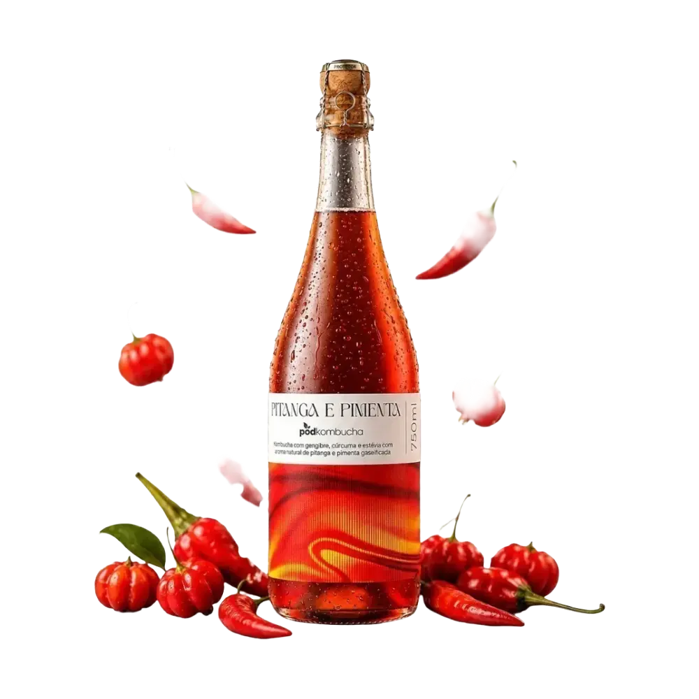 espumante kombucha sem alcool pitantga com pimenta pod, frutas caindo