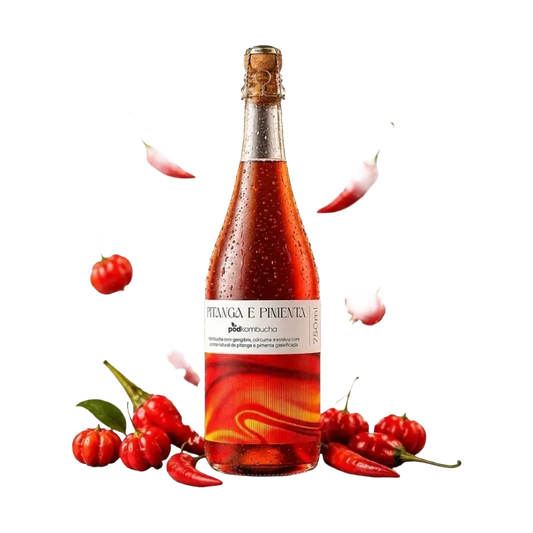 espumante kombucha sem alcool pitantga com pimenta pod, frutas caindo