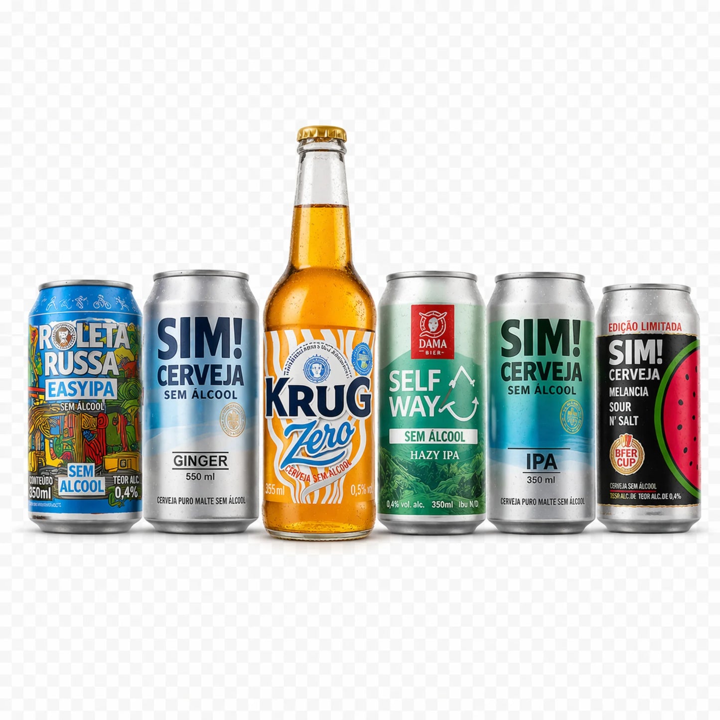 kit de cervejas sem álcool da bebidasem imagem das cervejas alinhadas lado a lado.