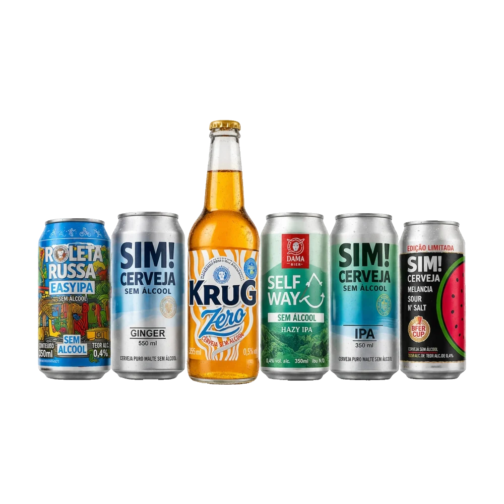 kit de cervejas sem alcool curado pela bebidasem, 1 longneck e 6 latas dispostas alinhadas
