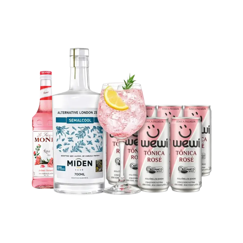 kit de drink sem alcool ginm tonica pink, 1 garrafa de gin sem alcool miden de 700mls, 1 garrafa de xarope de rosas monin de 330 mls, 6 latas de agua tonica wewi rosé