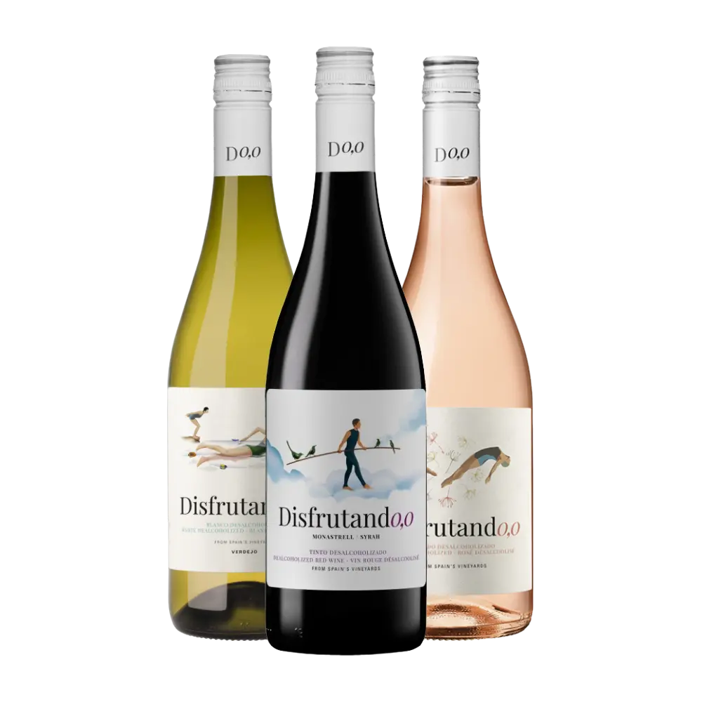 kit de vinhos sem álcool disfrutando. 1 vinho branco verdejo. 1 vinho rosé tempranillo & syrah. 1 vinho tinto syrah & monastrell