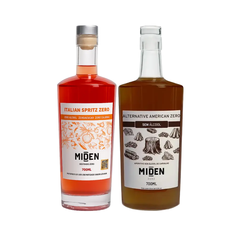 kit de drink sem alcool boulevardier miden com uma garrafa de whisky dsem alcool e uma garrafa de aperitivo sem alcool