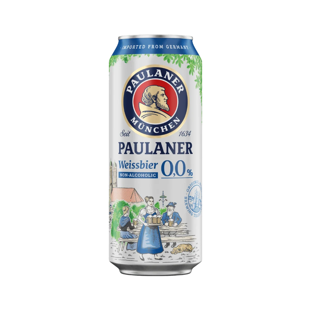 cerveja sem alcool weissbier paulaner lata de 500ml vista de frente