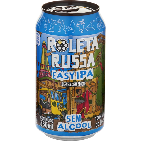 Lata de cerveja sem alcool roleta russa easy ipa vista do angulo 1, frontal