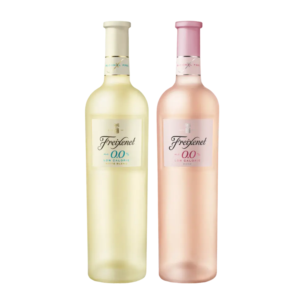 garrafas de vinhos sem alcool branco e rose da marca freixenet