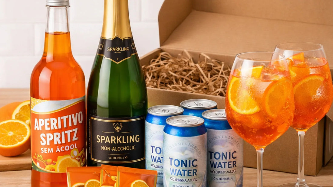 Drinks sem álcool em casa: Aperol Spritz e Gin Tônica 0.0% servidos com gelo e guarnição cítrica