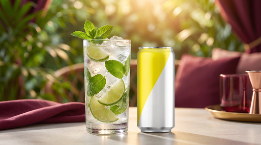 Mojito sem álcool refrescante com hortelã, limão e gelo ao lado de uma lata de água tônica em bar de verão