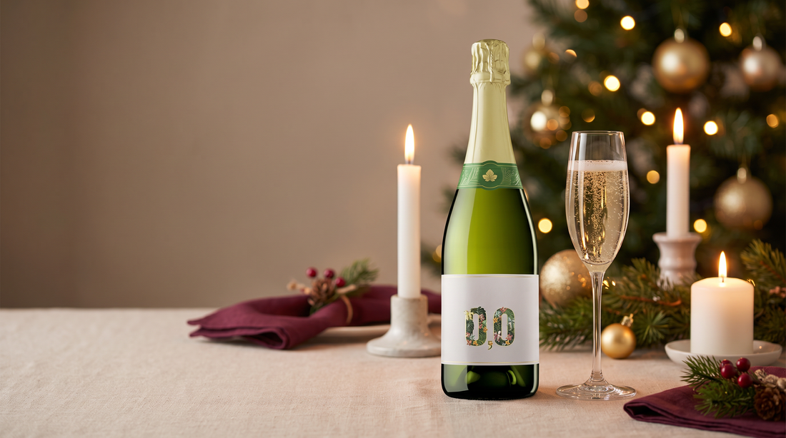 Harmonização da ceia de Natal sem álcool: espumante 0,0% e taça em mesa de Natal com velas