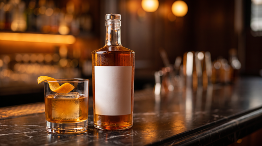 Old Fashioned sem álcool servido em copo baixo com gelo grande e casca de laranja, ao lado de garrafa de whisky sem álcool