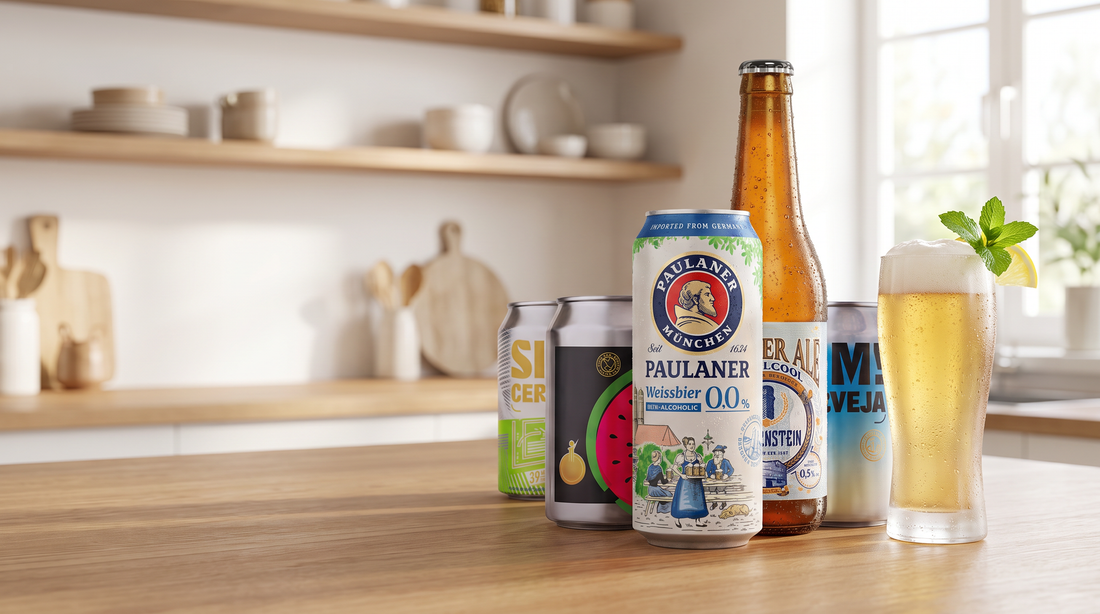 Seleção de cervejas sem álcool em cozinha clara — o que beber no Dry January, o janeiro sem álcool