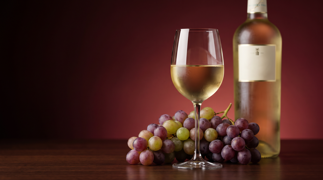 Taça de vinho branco sem álcool 0,0% com uvas frescas e garrafa desalcoolizada — suco de uva fermentado tem álcool