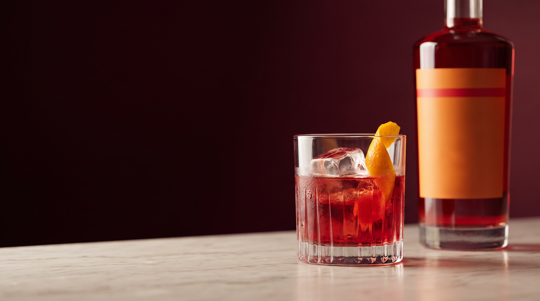 Negroni sem álcool vermelho com casca de laranja ao lado do aperitivo bitter sem álcool, releitura do Campari sem álcool
