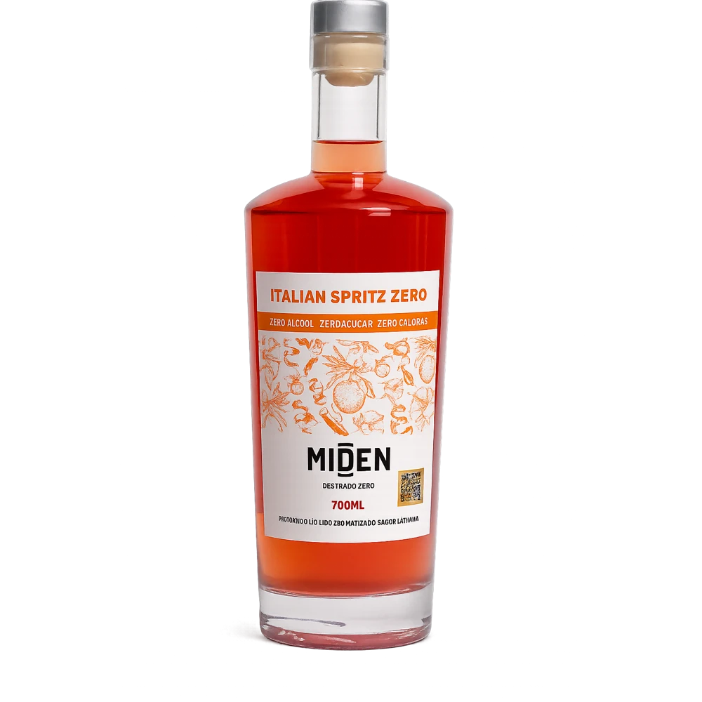 Garrafa de aperitivo sem álcool Miden Italian Spritz Zero 700 ml vista de frente com fundo transparente.