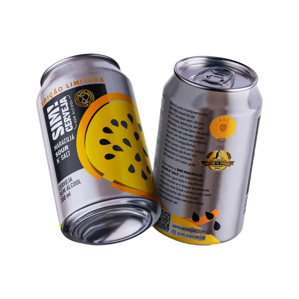 cerveja sem alcool maracuja sour n salt sim, duas latas inclinadas