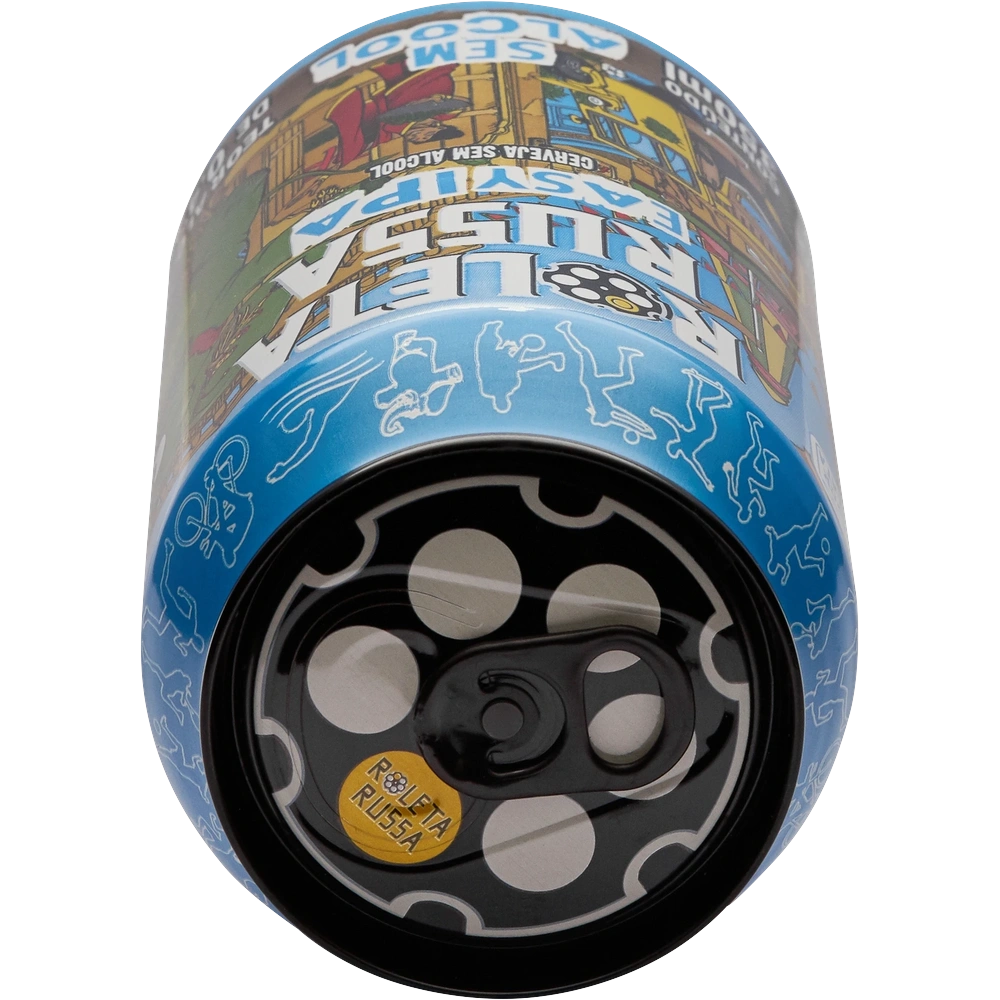 Lata de cerveja sem alcool roleta russa easy ipa vista do topo, tambor