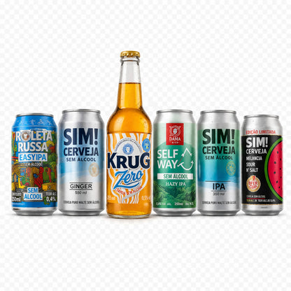 kit de cervejas sem álcool da bebidasem imagem das cervejas alinhadas lado a lado.