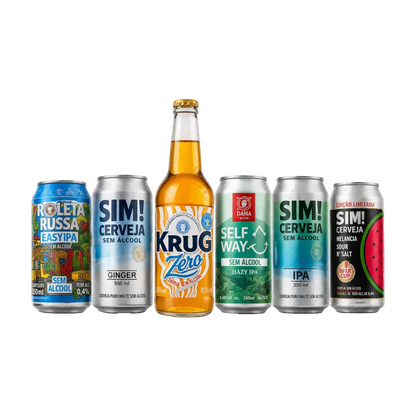 kit de cervejas sem alcool curado pela bebidasem, 1 longneck e 6 latas dispostas alinhadas