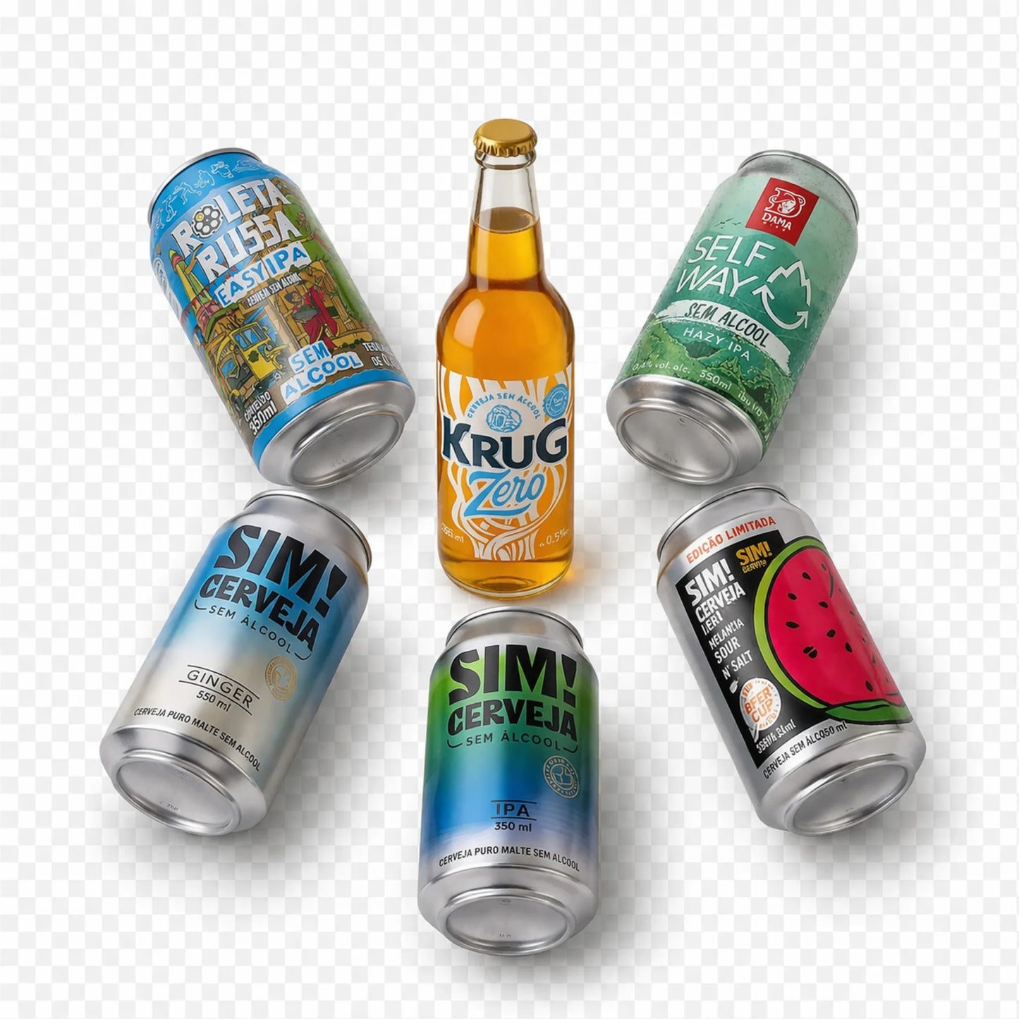 kit de cervejas sem álcool da bebidasem imagem das cervejas dispostas em formato de estrela