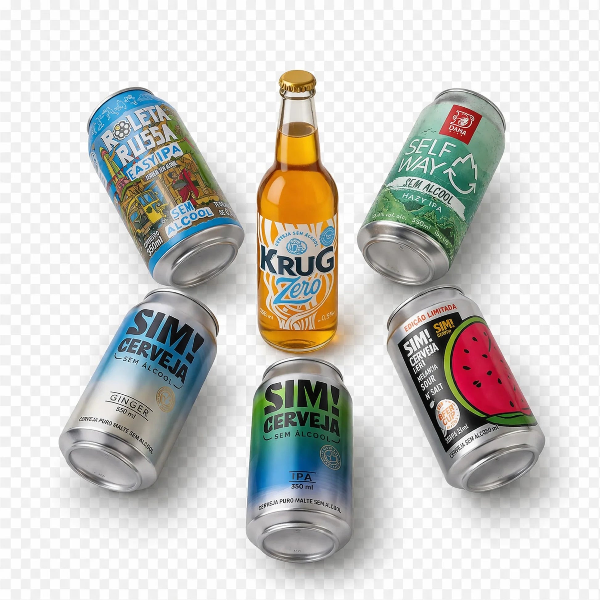 kit de cervejas sem álcool da bebidasem imagem das cervejas dispostas em formato de estrela