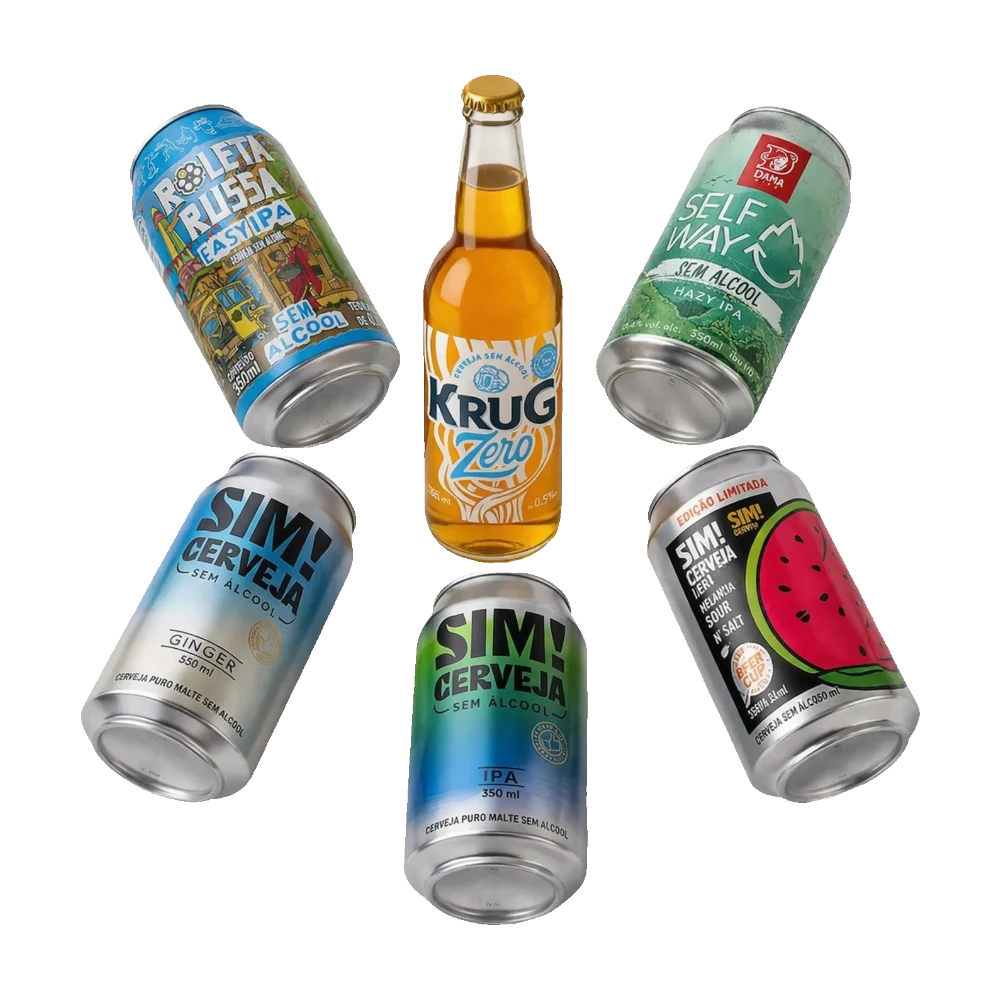 kit de cervejas sem alcool curado pela bebidasem, 1 longneck e 6 latas dispostas em estrela