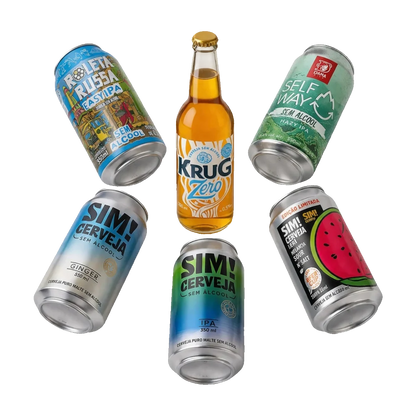 kit de cervejas sem alcool curado pela bebidasem, 1 longneck e 6 latas dispostas em estrela