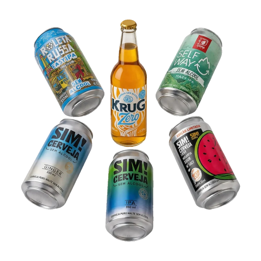 kit de cervejas sem alcool curado pela bebidasem, 1 longneck e 6 latas dispostas em estrela
