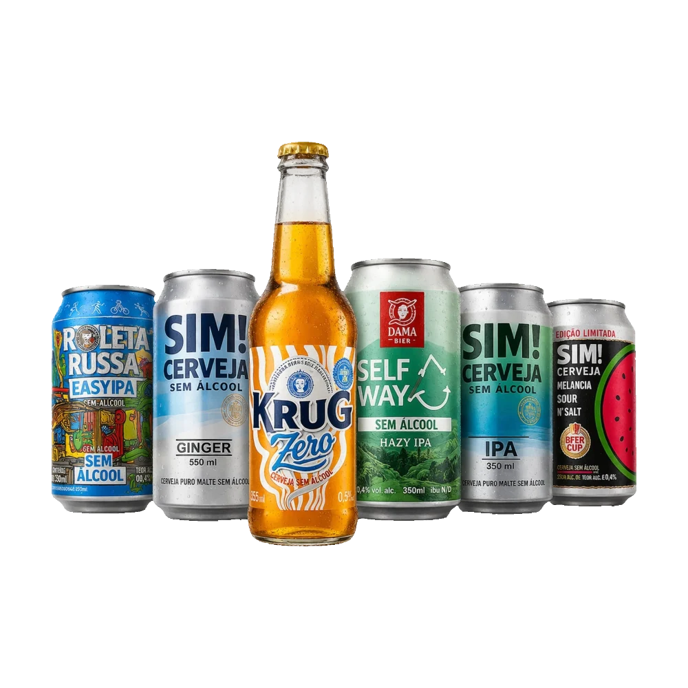 kit de cervejas sem alcool curado pela bebidasem, 1 longneck e 6 latas dispostas em piramide