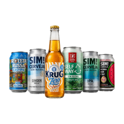 kit de cervejas sem alcool curado pela bebidasem, 1 longneck e 6 latas dispostas em piramide