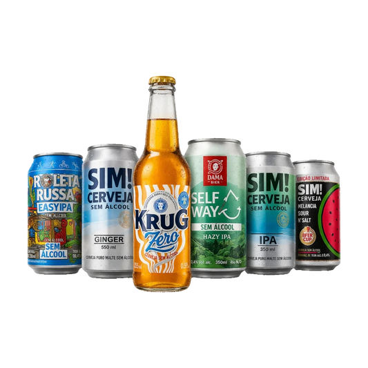 kit de cervejas sem alcool curado pela bebidasem, 1 longneck e 6 latas dispostas em piramide