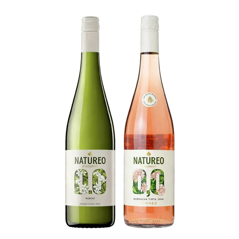 imagem do kit de vinhos sem alcool  da mnarca natureo nas versões branco e rose, visão das duas garrafas de frente