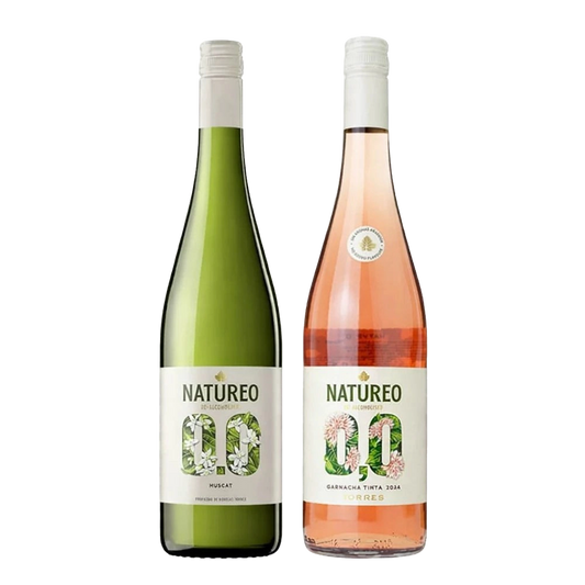 imagem do kit de vinhos sem alcool  da mnarca natureo nas versões branco e rose, visão das duas garrafas de frente