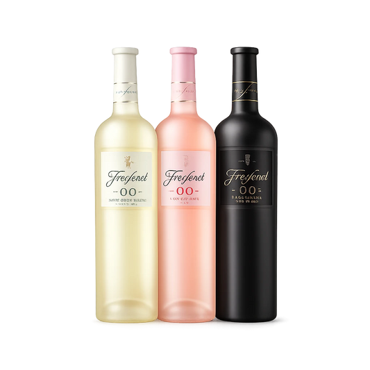 kit para degustação de vinhos sem-alcool da freixenet contendo vinhos tinto, rose e branco