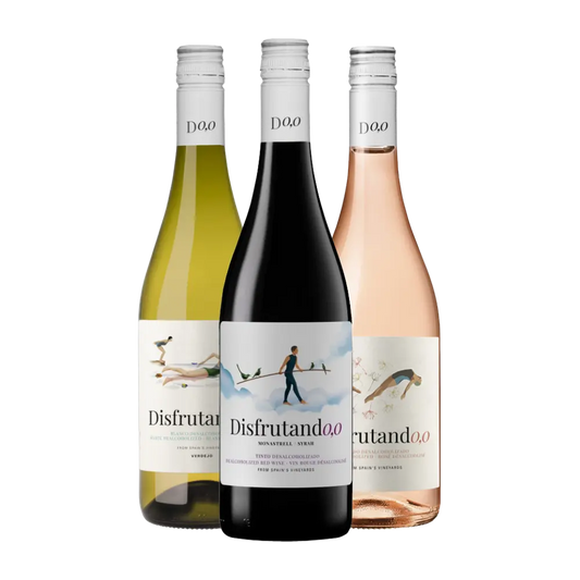 kit de vinhos sem álcool disfrutando. 1 vinho branco verdejo. 1 vinho rosé tempranillo & syrah. 1 vinho tinto syrah & monastrell
