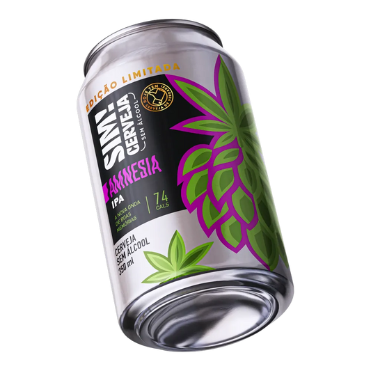 lata de cerveja ipa amnesia da marca sim sem alcool inclinada