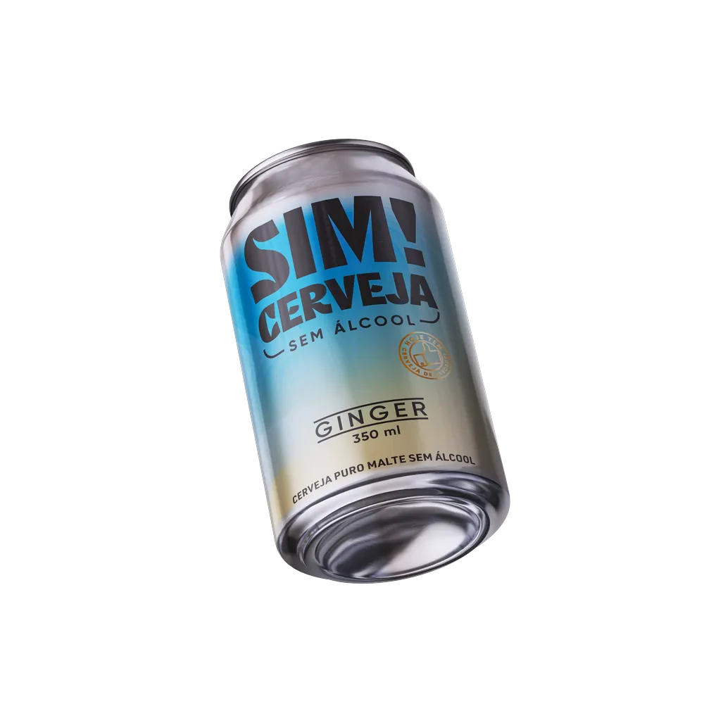 lata de cerveja sem alcool ginger ale da marca sim inclinada para tras