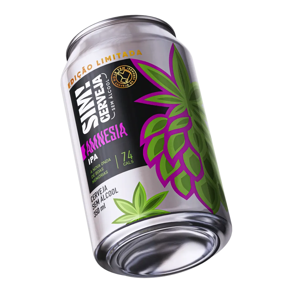 lata de cerveja sem alcool ipa amnesia da marca sim inclinada