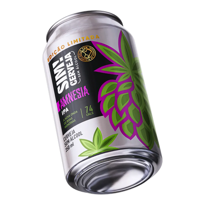 lata de cerveja sem alcool ipa amnesia da marca sim inclinada