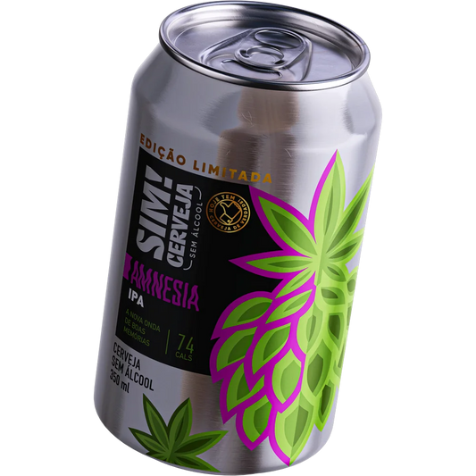 lata de cerveja sem alcool ipa amnesia da marca sim inclinada para frente