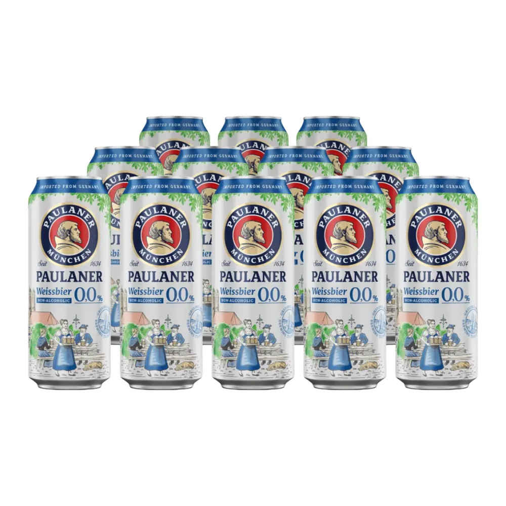 pack de 12 latas de 500 mls da cerveja sem alcool paulaner weissbier