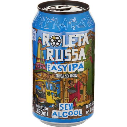 Lata de cerveja sem alcool roleta russa easy ipa vista do angulo 1, frontal