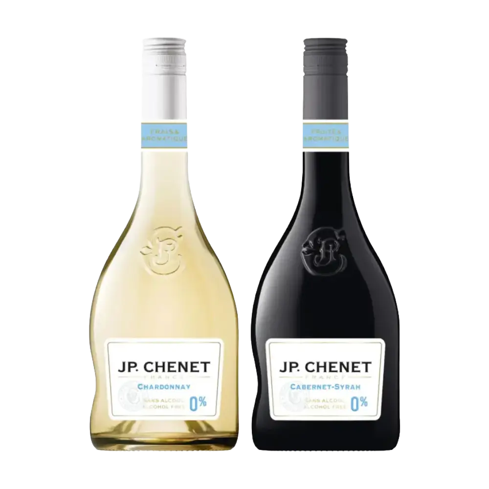 garrafas de vinhos sem alcool branco e tinto da jp chenet