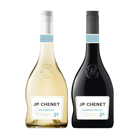 garrafas de vinhos sem alcool branco e tinto da jp chenet