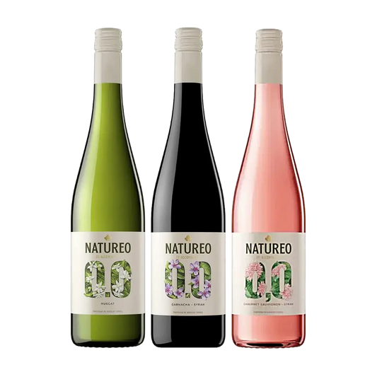 tres garrafas de vinho sem alcool natureo, tinto, branco e rose, parte da seleção da bebidasemtres garrafas de vinho sem alcool natureo, tinto, branco e rose, parte da seleção da bebidasem