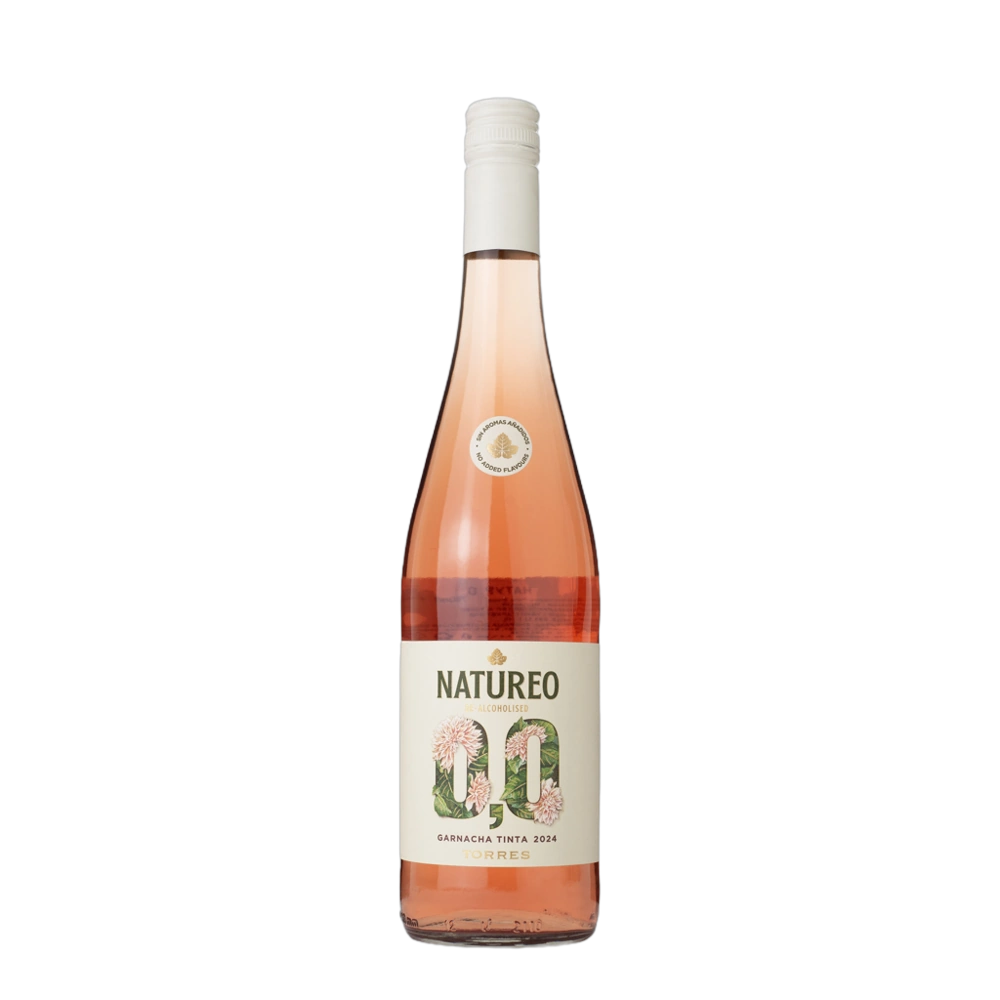 Garrafa do vinho sem alcool natureo rose vista de frente